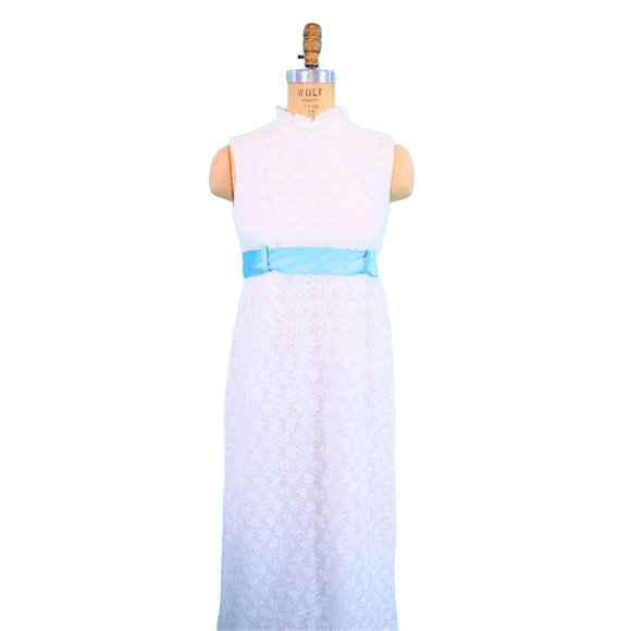 Vintage 1960s Lace Dress White Blue Bow Belt Formal Gown | B 29" - Picture 3 of 9